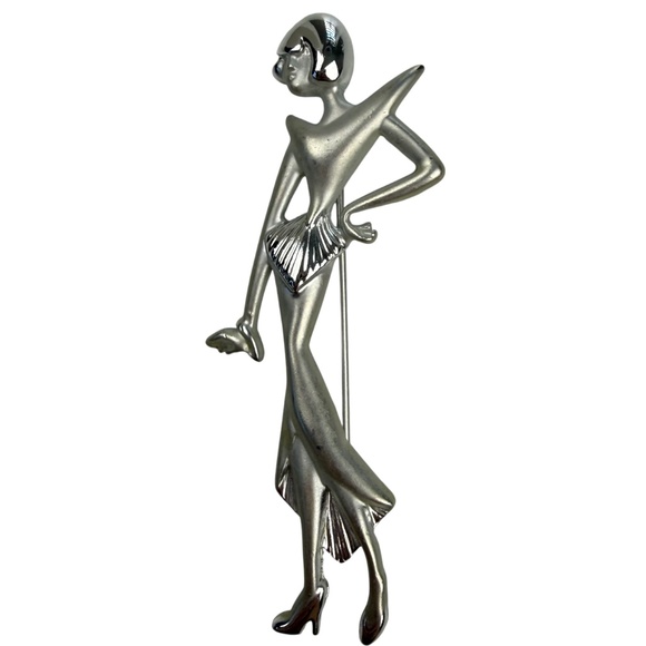 Art Deco Jewelry - Vintage Art Deco Womens Silver Tone Sculpted Glamour Lady Statement Brooch